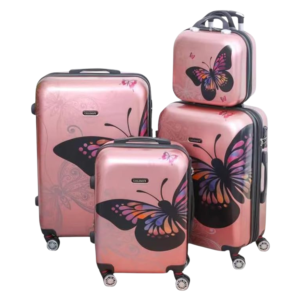 Set valises polycarbonate 4 pièces – Papillon (cabine, moyenne, grande + vanity)